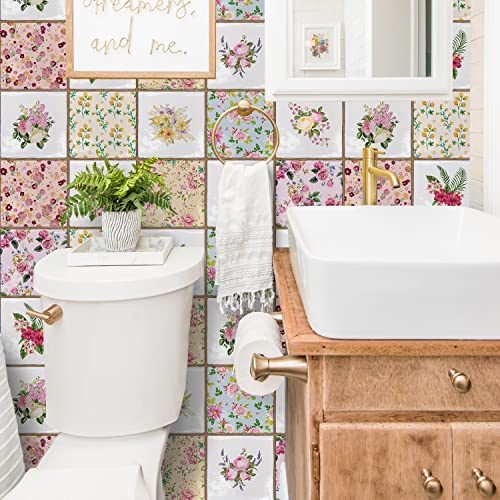 Alwayspon Peel and Stick Vinyl Tile Stickers - 10 Pcs Floral Decals for Kitchen & Bathroom