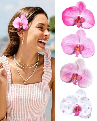 ACECHA 4-Piece Hawaiian Flower Hair Clips Set - Orchid & Hibiscus