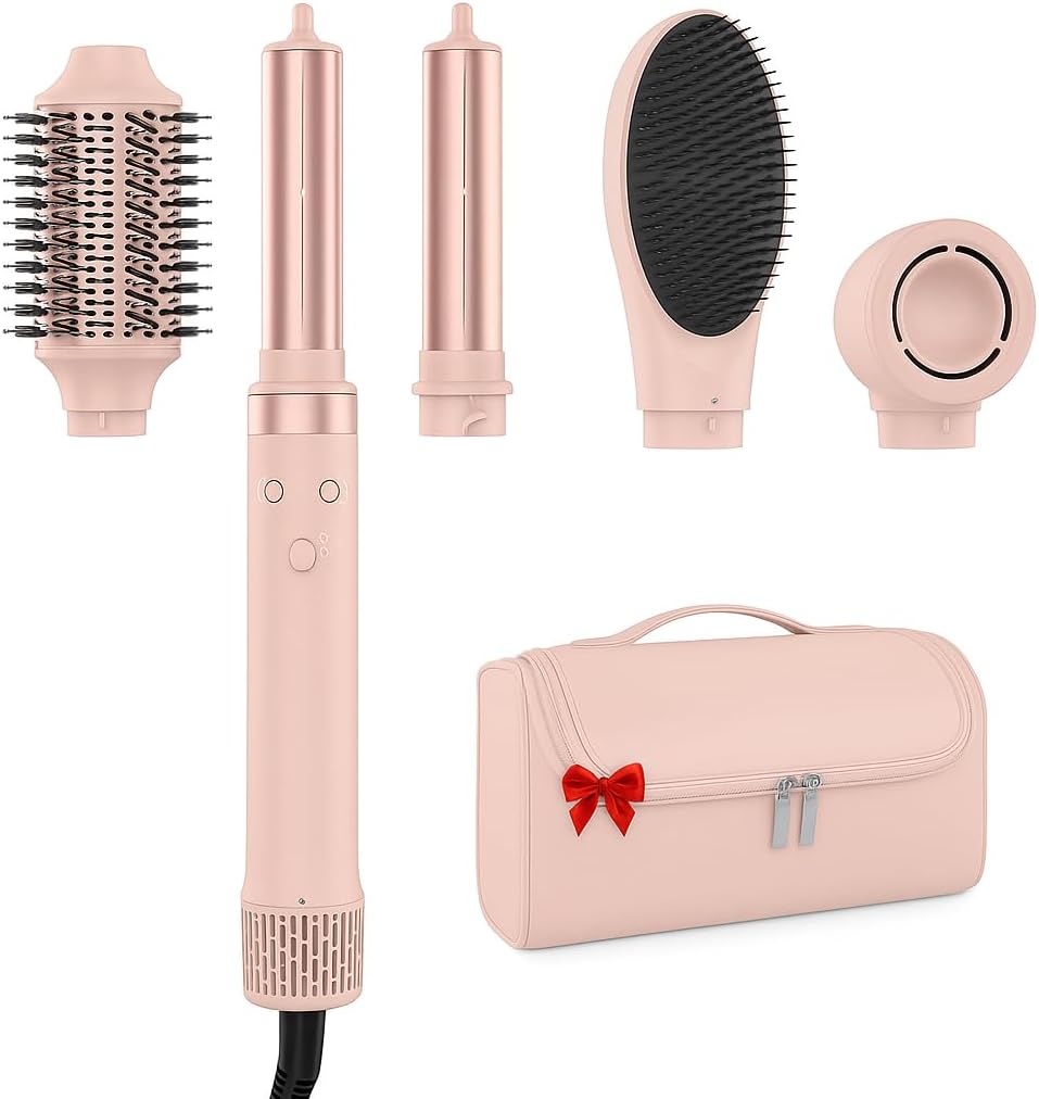 Dual Voltage Hair Dryer Brush - 5 in 1 Hot Air Styler with Auto Wrap Curlers | Fast Drying, Volumizing, Peach Pink