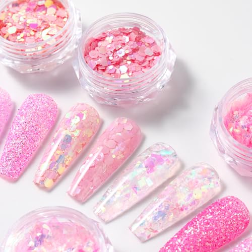 12pcs Pink Nail Glitter Powder Set - Holographic Art Sequins
