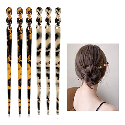 6 Pack Acetate Hair Sticks - Leopard & Tortoise Shell Hairpins