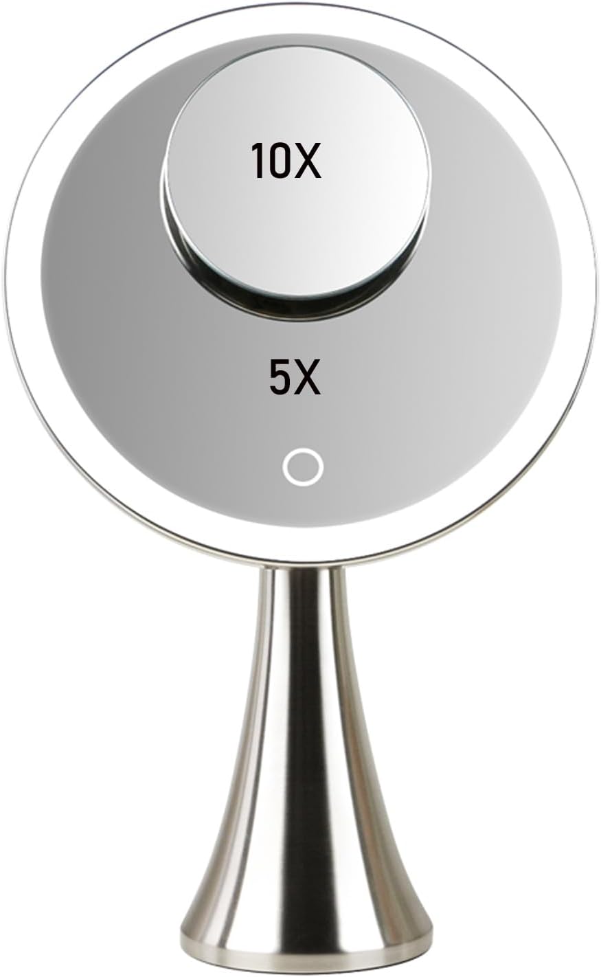 Lighted Round Makeup Vanity Mirror - 5X/10X Dual Magnification, Rechargeable & Touch Control | Ultra Bright LED, Brushed Stainless Steel