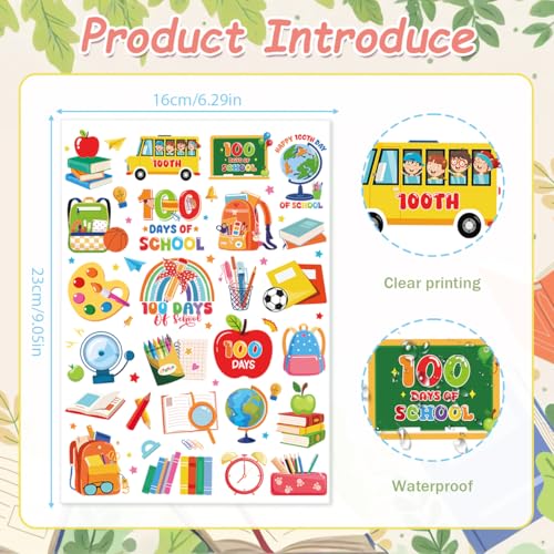 8 Sheets 200+ School Themed Temporary Tattoos for 100 Days Celebration & Party Favors