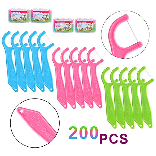 FAMILIFE Animal Kids Floss Picks 200 Count with Travel Cases - Fluoride-Free Dental Floss for Children
