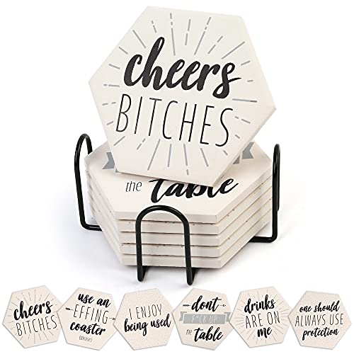 LotFancy Funny Hexagon Drink Coasters Set with Holder - 6PCS Ceramic