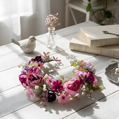 Pink Purple Flower Crown - Artificial Rose Daisy Headpiece with Adjustable Ribbon