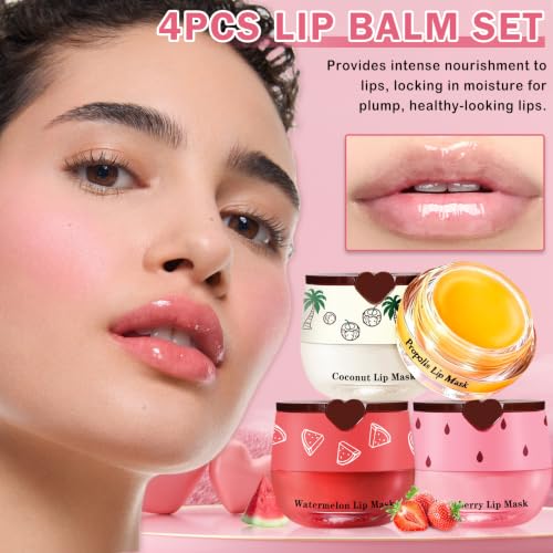 QIUFSSE 4PCS Lip Balm Set - Strawberry, Watermelon, Coconut, Honey, Moisturizing