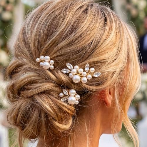 Kilshye Gold Pearl Bridal Hair Pins Pack of 3 - Wedding & Prom Hair Accessories