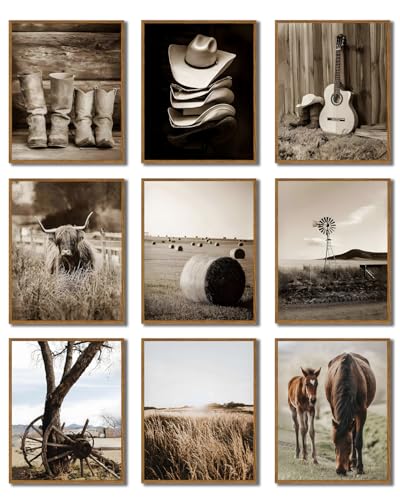 9-Piece Vintage Western Cowboy Wall Art Set - Rustic Farmhouse Canvas Prints 8x10in Unframed