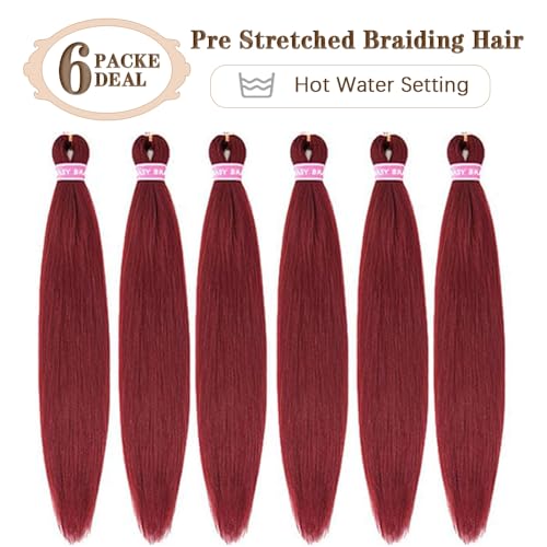 26 Inch Burgundy Pre Stretched Braiding Hair Extensions - 6 Packs (900#)