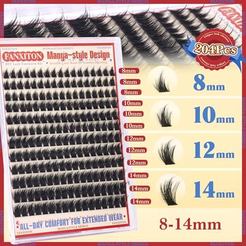 FANXITON Anime Lash Clusters 8-14mm, 204pcs DIY Wispy Extensions