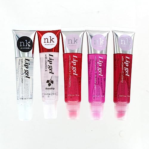 Hydrating Lip Gloss Set with Vitamin E - 5 Pack Lip Gels in Clear, Rosehip, Strawberry, Cherry & Bubble Gum
