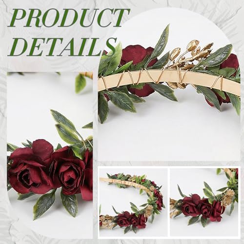 Red Rose Flower Headband - Artificial Fairy Elf Crown with Baby's Breath & Green Leaves