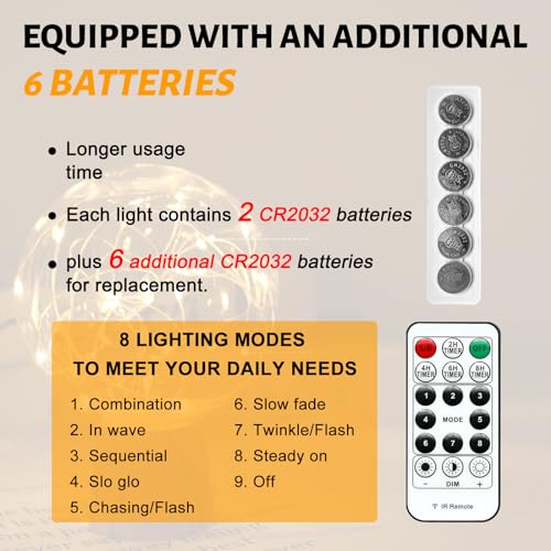 6PCS Battery Powered Fairy Lights with Remote - 20LEDs, 8 Modes, Timer, Warm White