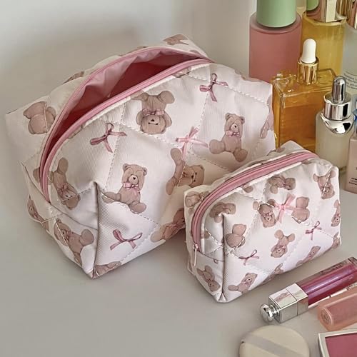 Cherry Ever After Quilted Teddy Bow Makeup Bag Set - 2 Piece Coquette Pouch