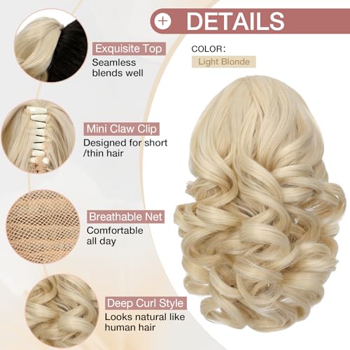FELENDY 9" Curly Claw Clip Ponytail Extension - Light Blonde Synthetic Hair