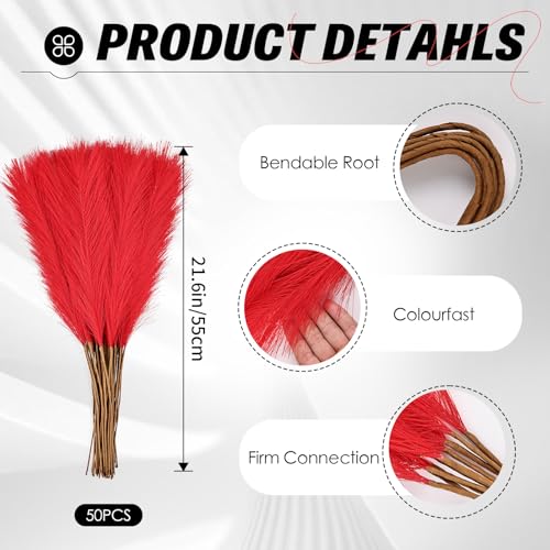 50pcs Red Faux Pampas Grass 21.6 Inch - Non-Shedding Decor for Home & Weddings