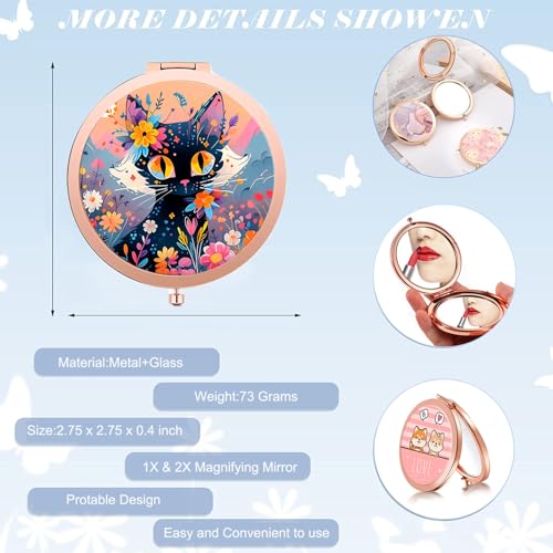 LONNAONE Rosegolden Flower Cat Compact Mirror for Women, Mini Folding Travel Mirror