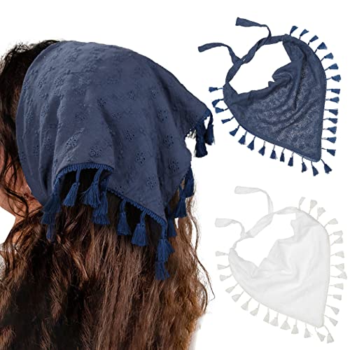 AWAYTR Floral Tassels Hair Scarf Headband - 2PCS Cotton Bandana (Navy Blue+White)