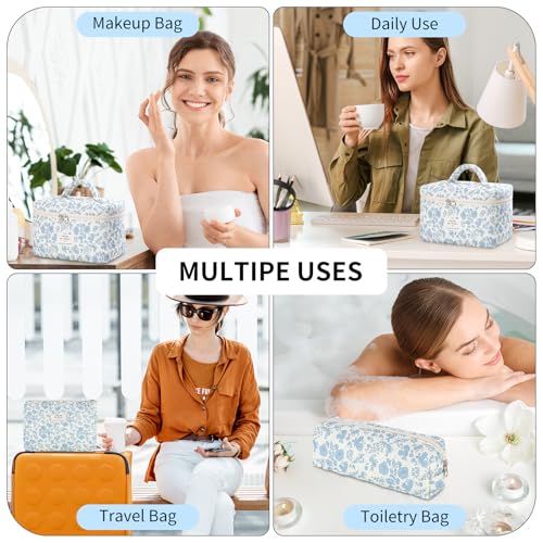 senbowe Blue-White Floral Makeup Bag Set - 3 Pack Cotton Organizer