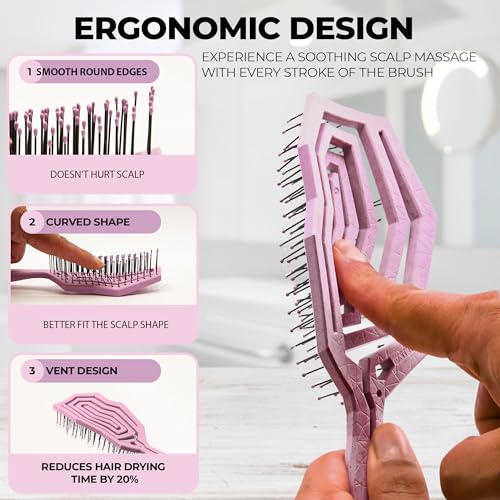 ECOREVERE Pink Detangler Brush for Women, Men & Kids - Vented Anti-Static Hair Comb