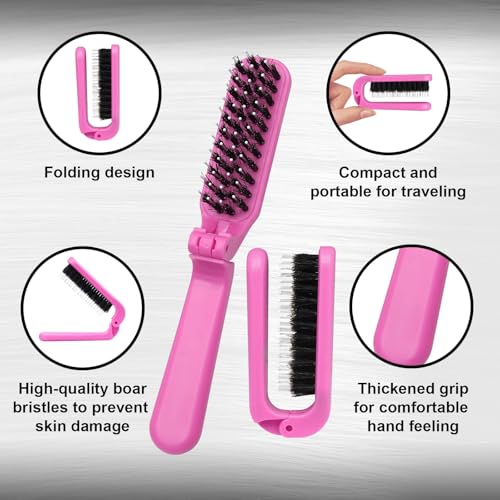 2 Pack Foldable Boar Bristle Hair Brush - Travel Size Pink
