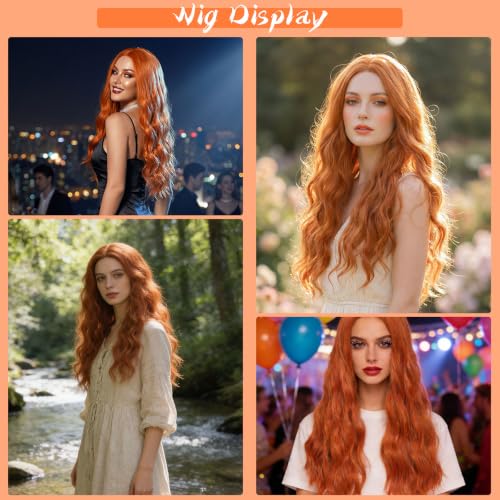 DWMGLP 24-Inch Orange Curly Wavy Wig for Women, Heat-Resistant Synthetic Cosplay & Party