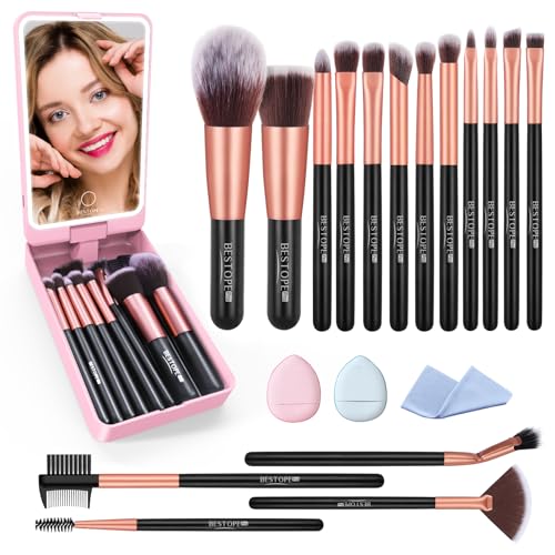 20PC Rose Gold Travel Makeup Brush Set with LED Mirror