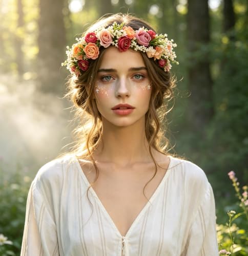 LLinfflr Boho Rose Flower Crown Headband | Adjustable Floral Halo for Weddings & Cosplay