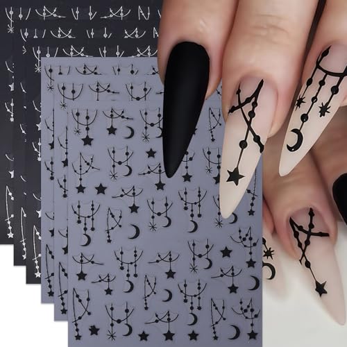 6 Sheets 3D Black Silver Star & Moon Nail Art Stickers
