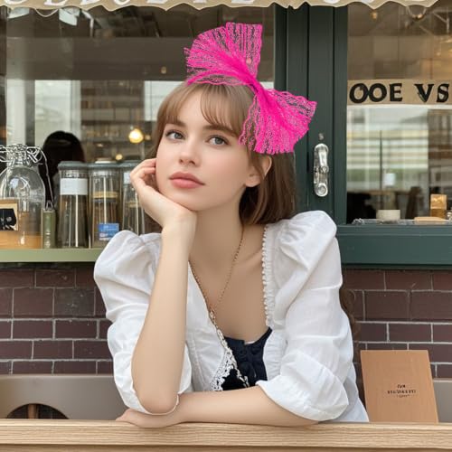 Rose Red Neon Lace Bow Headband for 80s Costume & Party Accessories