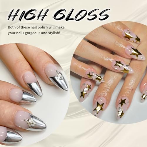 Mirror Silver & Gold Gel Nail Polish Set with Built-in Brush