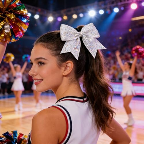 White 8-Inch Glitter Cheer Hair Bow with Rhinestones - Large Sports Pom-Pom Accessory