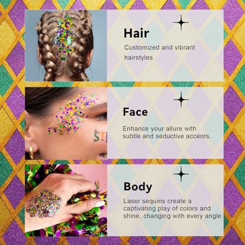 CiikDux Mardi Gras Glitter Gel for Face Body & Hair, Color Changing & Hypoallergenic