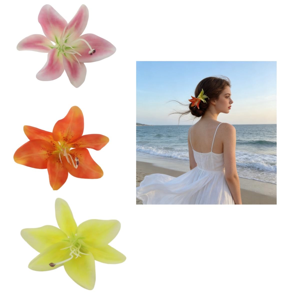 Lily Flower Hair Clips for Women - Tropical Floral Barrettes for Weddings & Prom | White & Red Tiger Design