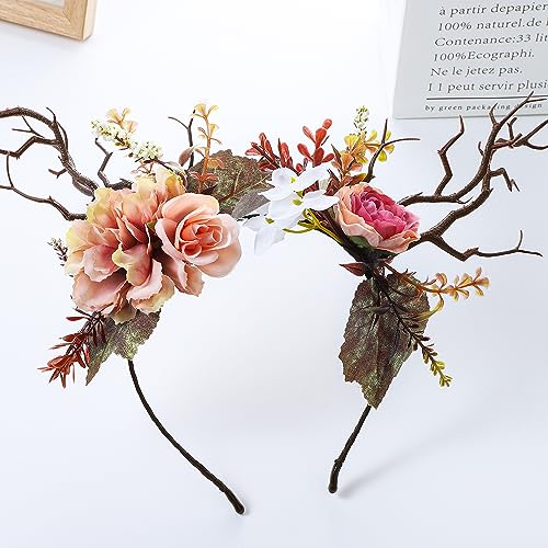 KorViSHOW Orange-Red Deer Antlers Flower Crown Headband - Unique Hair Accessory