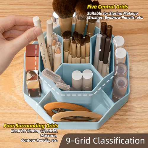 360° Rotating Blue Makeup Brush Holder Organizer - 9 Slots