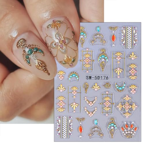 Bohemian Nail Decals 2 Sheets Sun & Moon Embossed Star Stickers Self-Adhesive