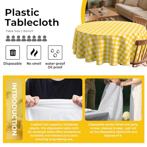 84" Disposable Plastic Tablecloths - 8 Pack Yellow Checkered Round Covers for Parties
