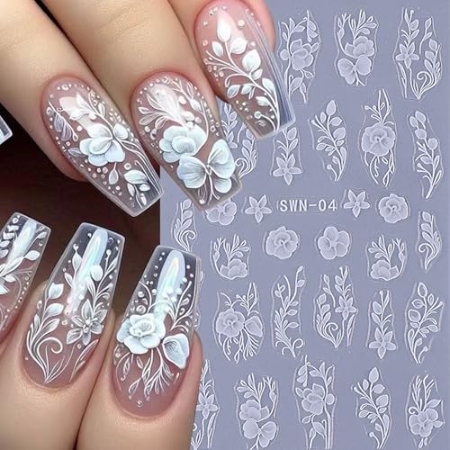 5D Embossed Lace Flower Nail Art Stickers - 6 Sheets, Black & White