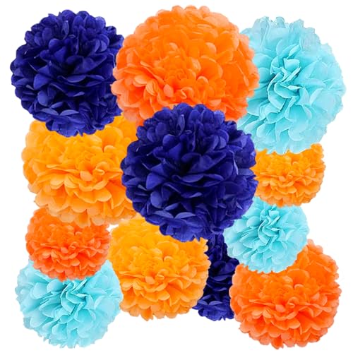 12pcs Tissue Paper Pom Poms - Navy Blue, Sky Blue & Orange Party Decor