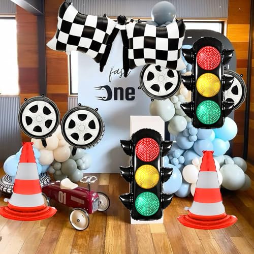 Race Car Birthday Party Decorations Set - 10 Foil Balloons & Traffic Cones