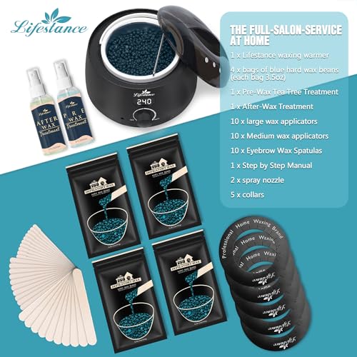 Lifestance Waxing Kit for Women & Men - L2 Digital Wax Pot Warmer, Brazilian & Bikini Hair Removal Kit with 14.1oz Hard Wax Beads & 42 Accessories, Professional for Face, Leg, Eyebrow, Body at Home
