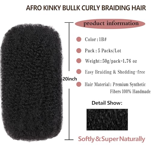 XTREND Natural Black 20 Inch Afro Kinky Curly Braiding Hair Bulk 5 Bundles for Dreadlocks & Micro Twists