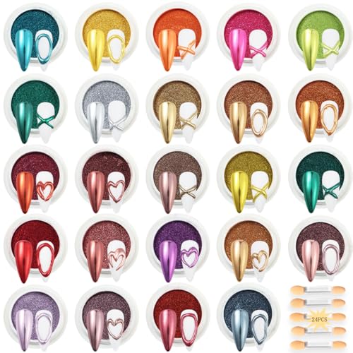 24Pcs Chrome Nail Powder Set with Mirror & Holographic Finishes, Professional Nail Art Kit