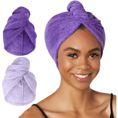 Turbie Twist 2-Pack Microfiber Hair Towel for Beauty, Travel, Gifting - Hair Wrap Turban for Straight, Wavy & Curly Hair - Premium Personal Care - Dark Purple & Light Purple