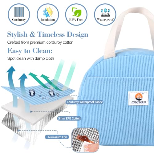 CaCTOUR Insulated Lunch Bag for Women - Cute Corduroy Tote
