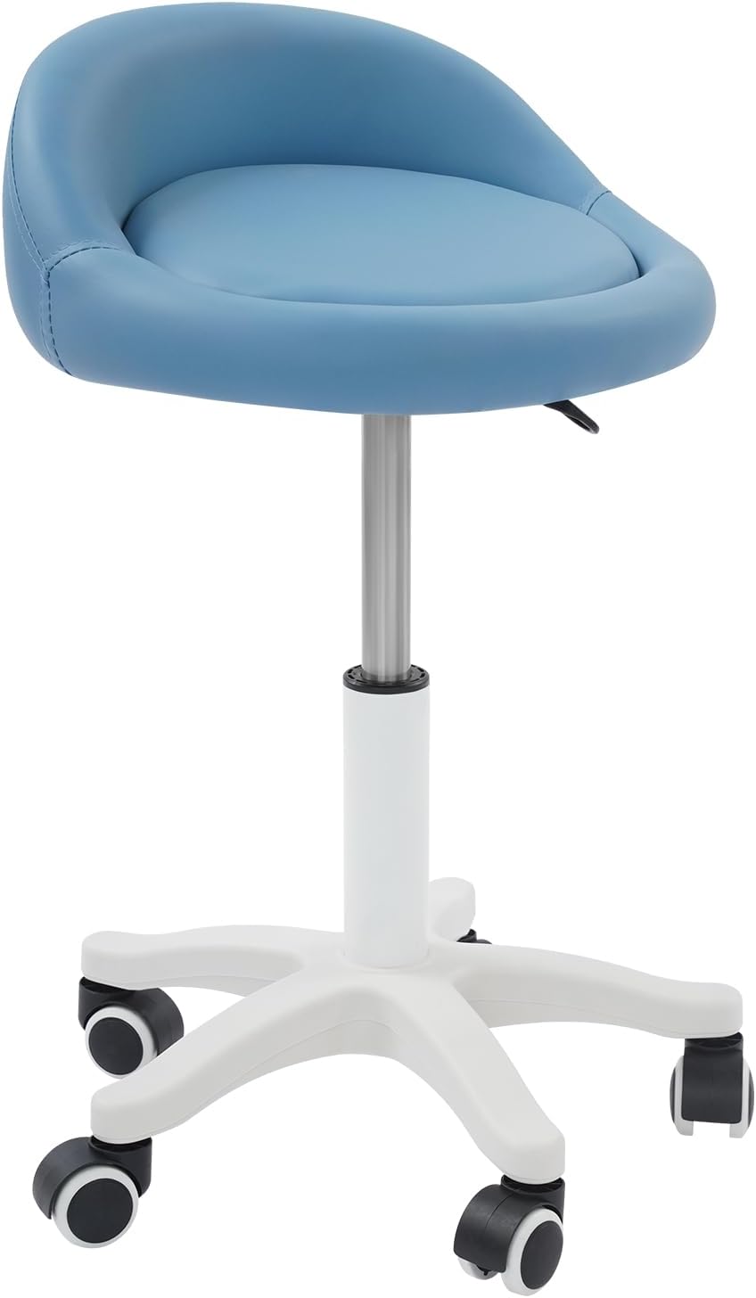 Adjustable Rolling Stool Chair - Round PU Leather Swivel Salon Stool with Backrest | Blue