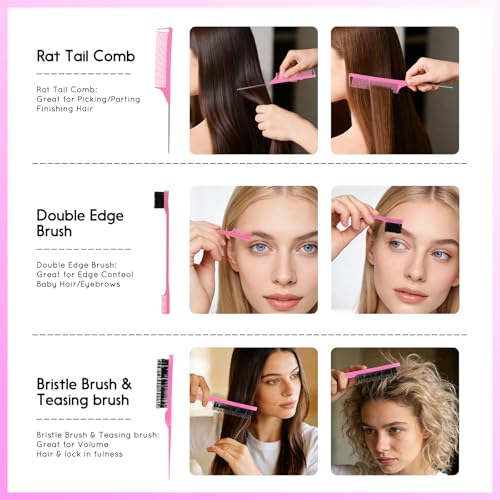 Olportkah 6-Piece Pink Hair Brush Set with Detangling Brush & Spray Bottle