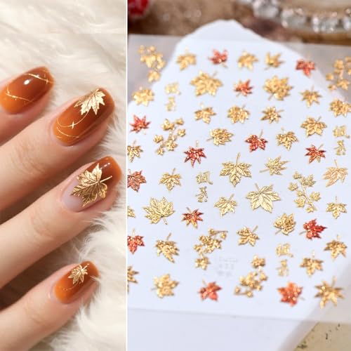 Sutaozhi Maple Leaf Stickers Style 12 - Fall Nails Art Decals, Gold Glitter Autumn Design, Thanksgiving Nail Decor, 1PCS